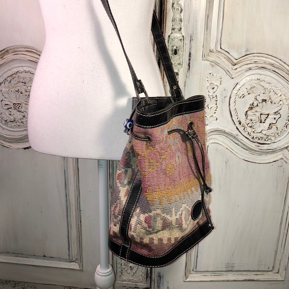 Made in Turkey weaved and Leather Drawstring Bag - Picture 1 of 10